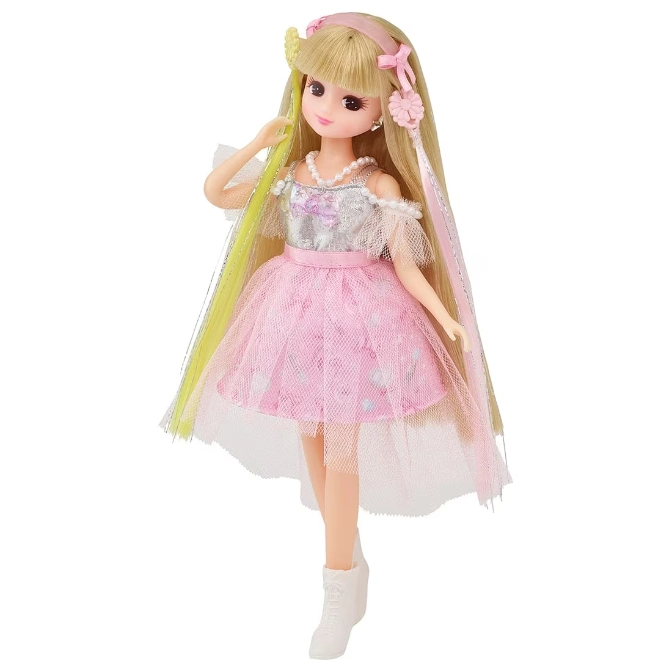  Doll with blonde hair, pink dress, headband, necklace, and white boots.