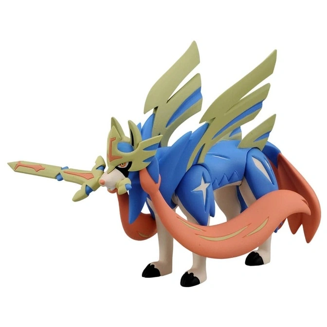 Zacian toy figure with sword, blue armor, and flowing orange mane.