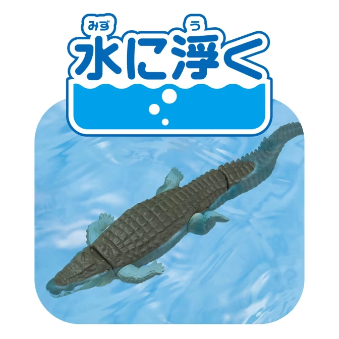  Toy crocodile floating in blue water. Japanese text above.