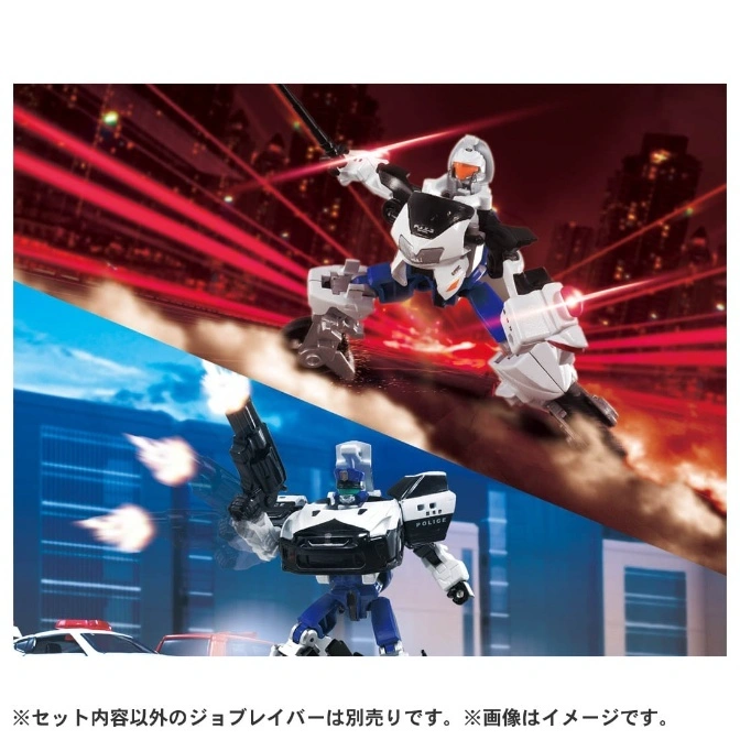  Police robot toy with sword and gun, split-screen cityscape background.