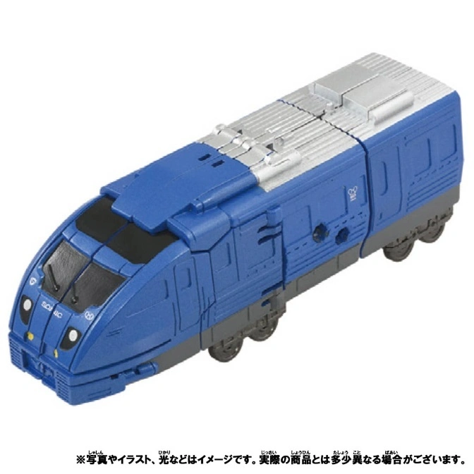  Blue toy train with silver roof details, resembling a bullet train.