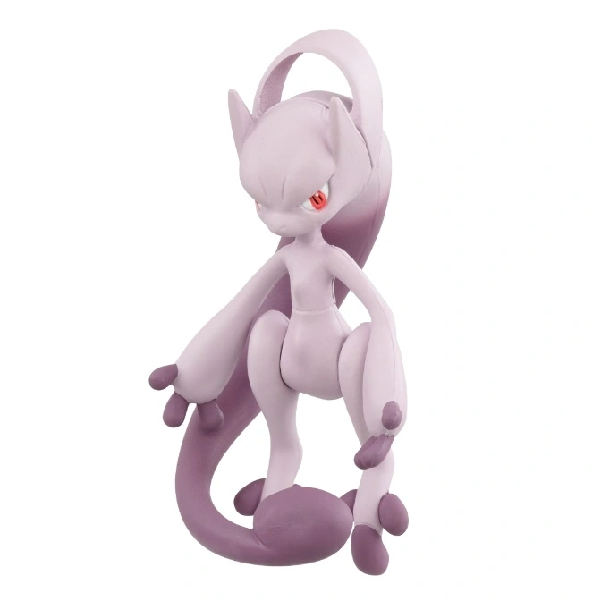 Mewtwo action figure with red eyes and a purple tail.