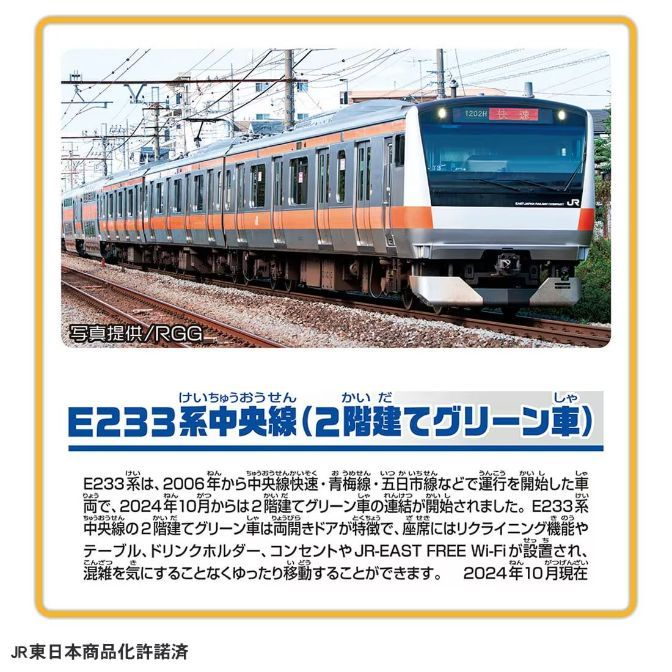 A promotional image of the E233 series train, specifically highlighting the double-decker Green Car (first class car). The image shows the train on the tracks with overhead power lines. The text provides information about the train's features and service on the Chuo Line.