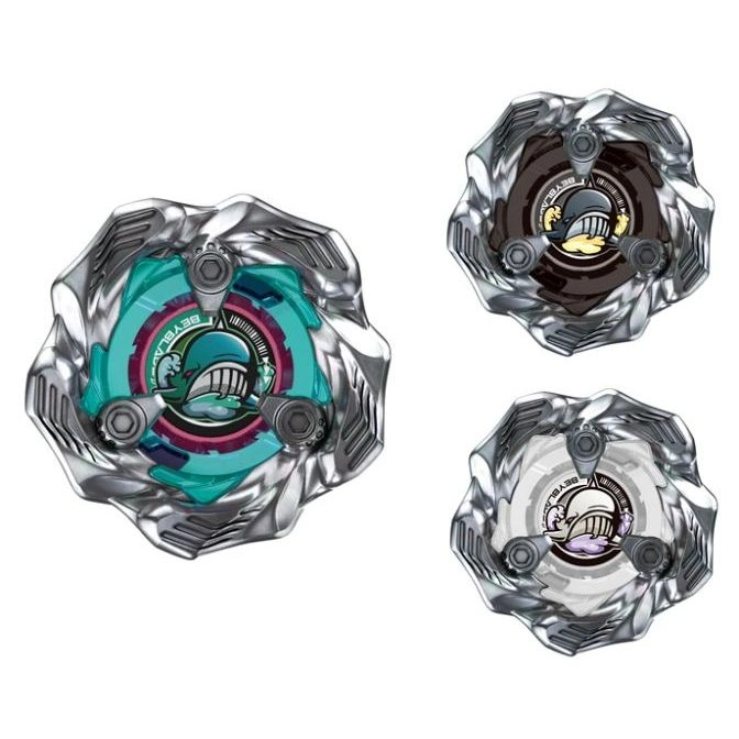 Three Beyblade tops: teal, brown, and white, with silver outer rings and character emblems.