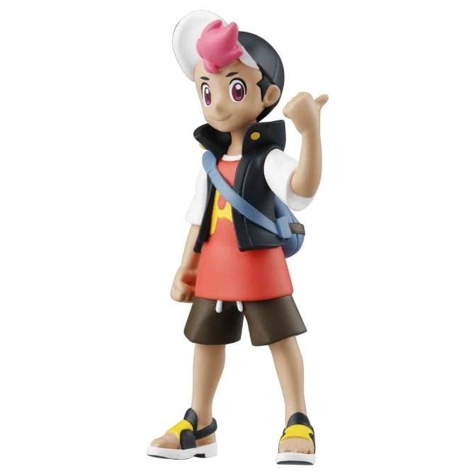 Pokémon Goh figure with a backpack, wearing sandals and pointing his thumb up.