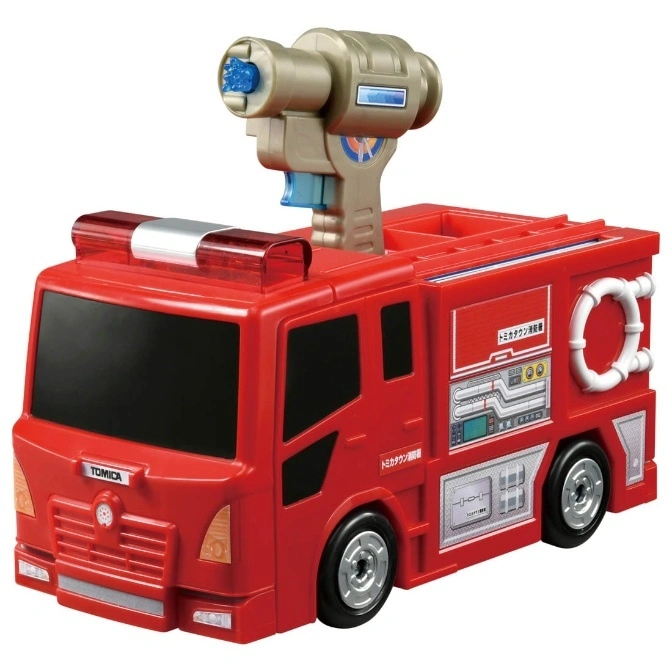 Red Tomica fire truck toy with water cannon on top and life preserver on the side.