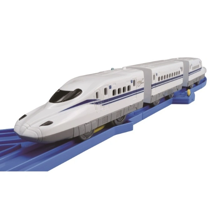  Toy bullet train on blue tracks. White with blue stripes, detailed windows and sleek design.