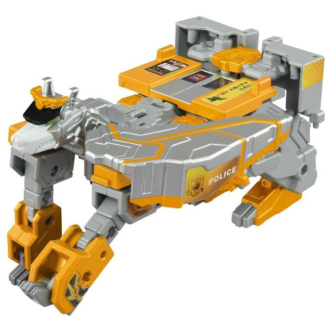  Police robot toy with grey and yellow parts, resembling a robotic animal.