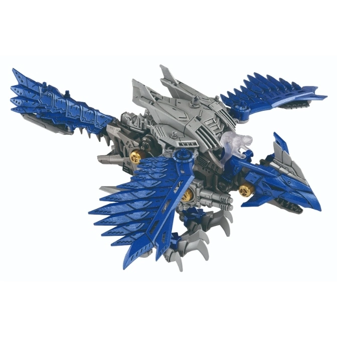 Blue and grey mechanical bird toy with intricate details and wing-like structures.