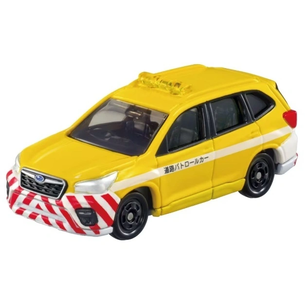  Yellow toy Subaru Forester road patrol car with red and white striped bumper and roof lights.