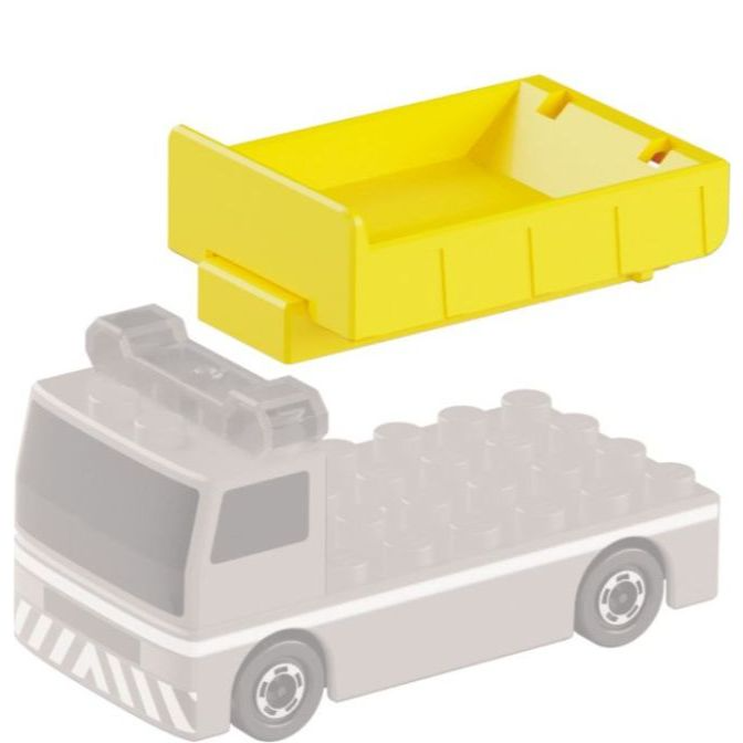  Toy truck with a bright yellow dump bed attachment. The truck is gray and white.