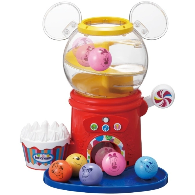 Mickey Mouse gumball machine toy with character balls and ice cream cup.