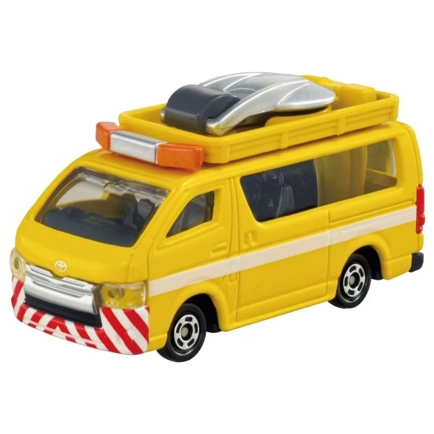  Yellow toy Toyota HiAce van with hazard stripes and roof rack.