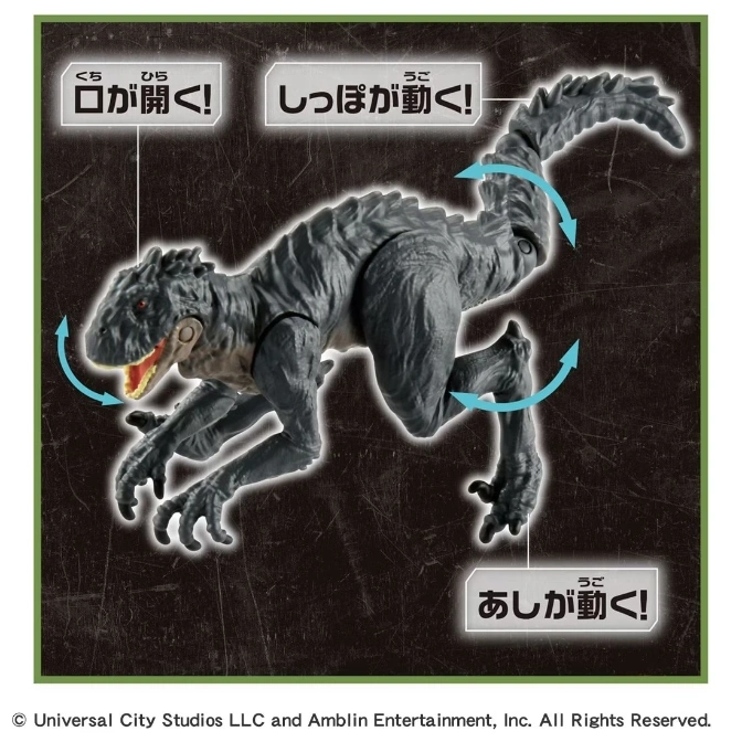  Gray dinosaur toy with articulated jaw, tail, and legs. Mouth opens, tail and legs move.