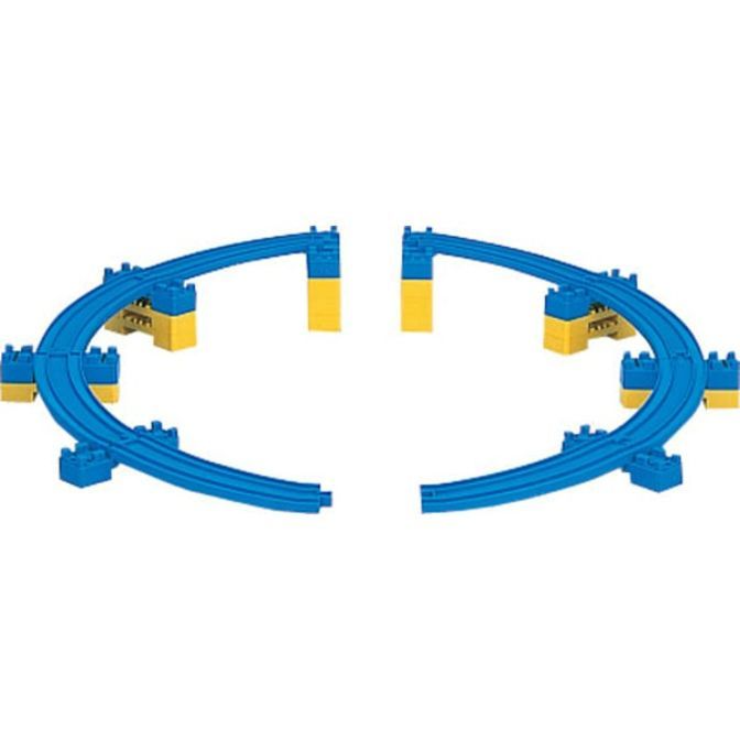 Blue and yellow toy train tracks.