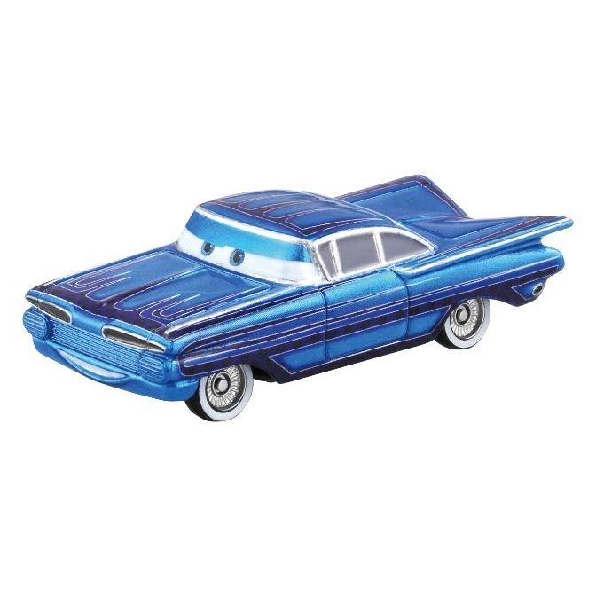 Blue toy car with white tires and pinstripes.