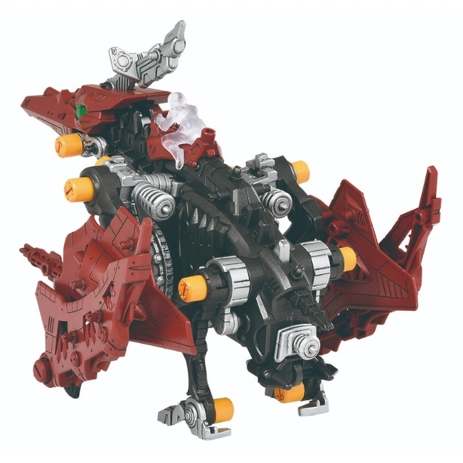  Red and black Zoids toy with a clear figure riding on top, featuring orange and silver accents.