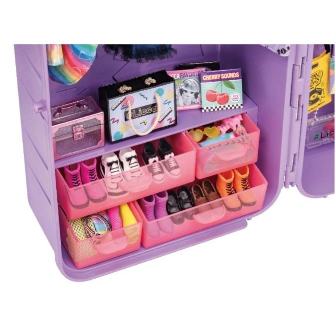  Doll closet with accessories: shoes, purse, jewelry, and clothing.