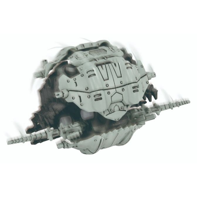  Grey, spherical toy robot with protruding weapons, appearing to be in motion.