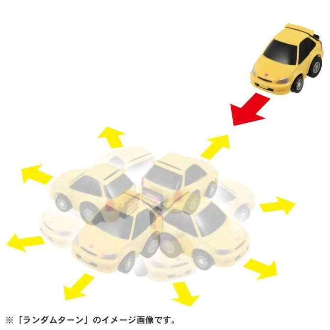  Yellow toy car drifting with motion arrows.
