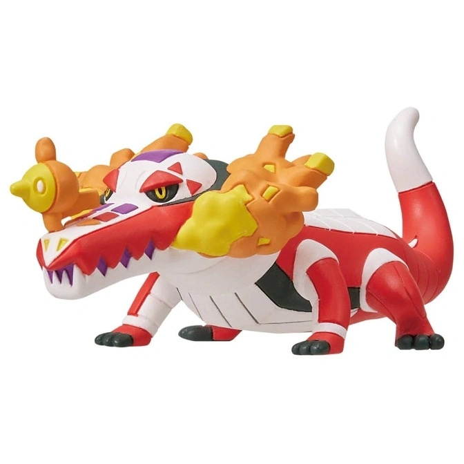 Fuecoco toy figure with red and white body, orange accents, and a white tail.