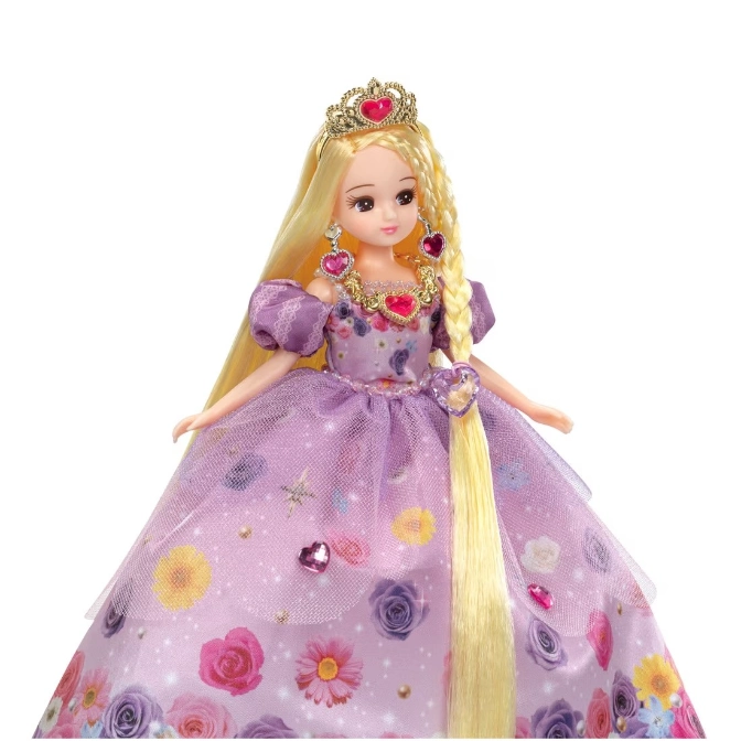  Doll with long blonde hair, crown, heart jewelry, and purple floral gown.