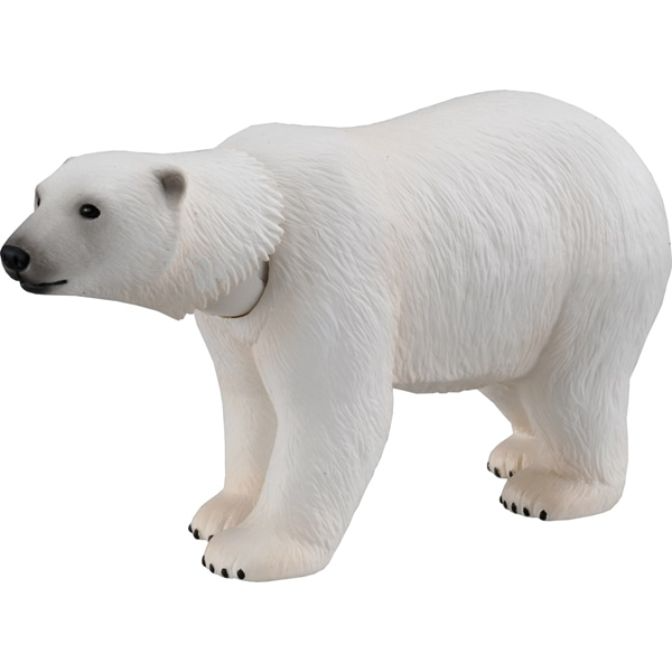 Polar bear toy figurine standing, white fur, black nose and paws.