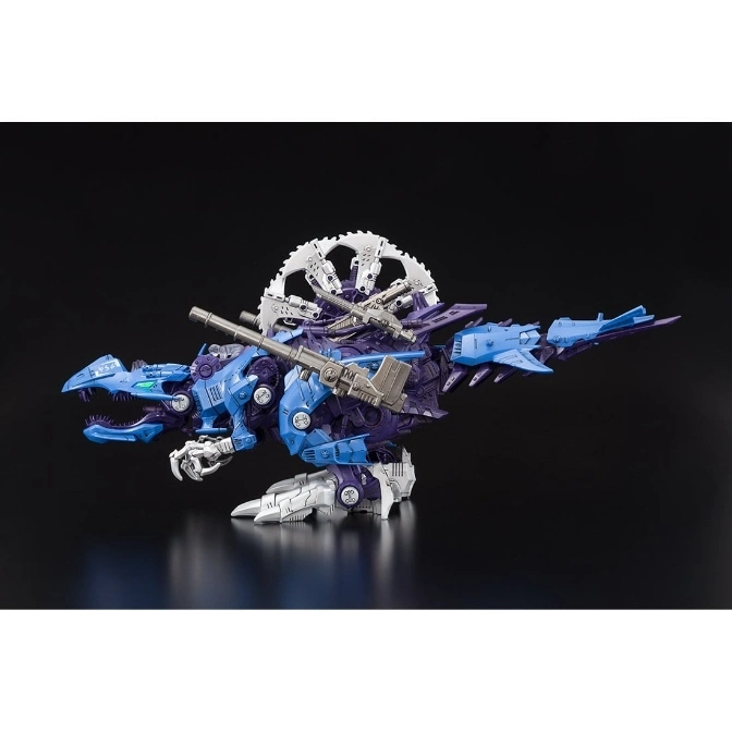 Blue and purple dinosaur robot toy with silver weapons and a circular saw blade on its back.
