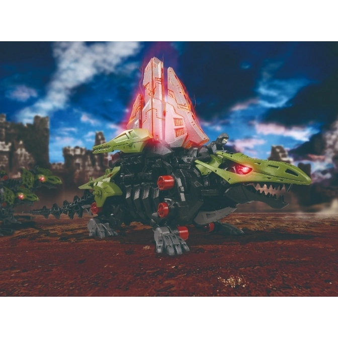  Green and black Zoids dinosaur toy with glowing red eyes and a light-up structure on its back.