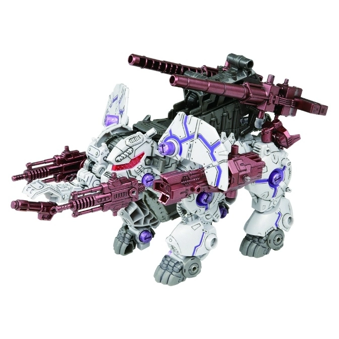  White and purple Zoids toy with multiple cannons.