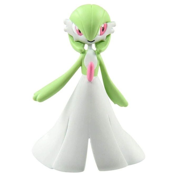 Gardevoir figurine with green head, pink eyes, and white dress.