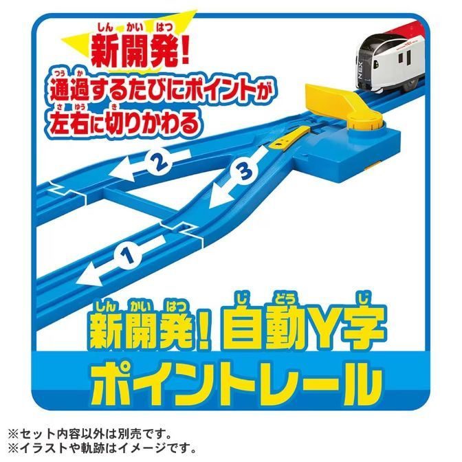  A toy train track with a Y-shaped switch, labeled with numbers and Japanese text.