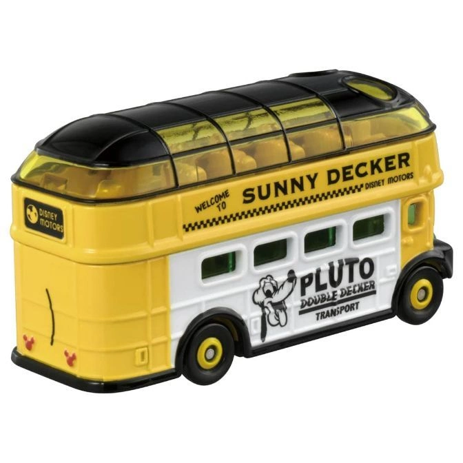  Yellow and white Disney Motors Pluto Sunny Decker double-decker toy bus.