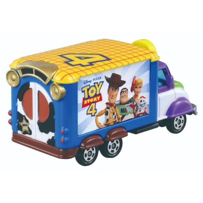  Toy Story 4 truck toy with Woody and friends graphic, yellow roof, and cow-print front.
