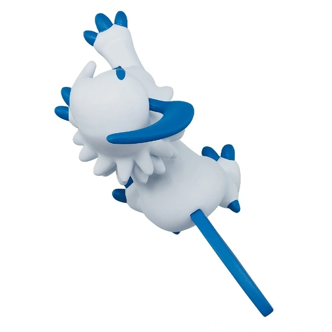  White and blue toy figure with raised paw and tail.