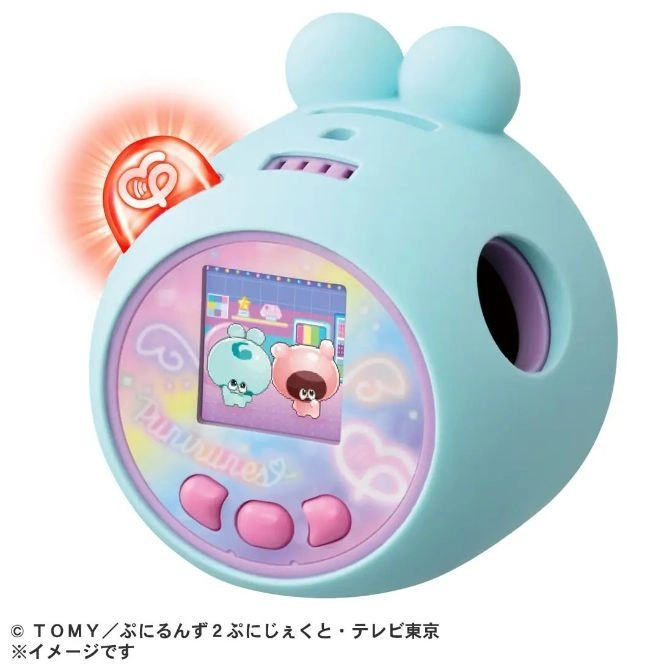  Blue Puruniru toy with screen showing cartoon characters and a glowing heart.