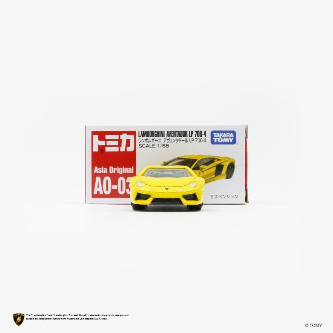  Yellow Tomica Lamborghini Aventador LP 700-4 toy car with box. Scale 1/68, Asia Original AO-03.