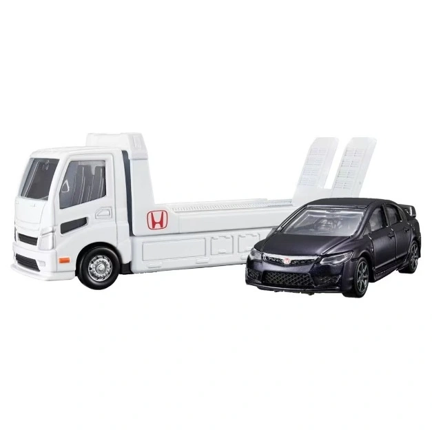 Toy car carrier truck with a black Honda Civic Type R on the trailer.