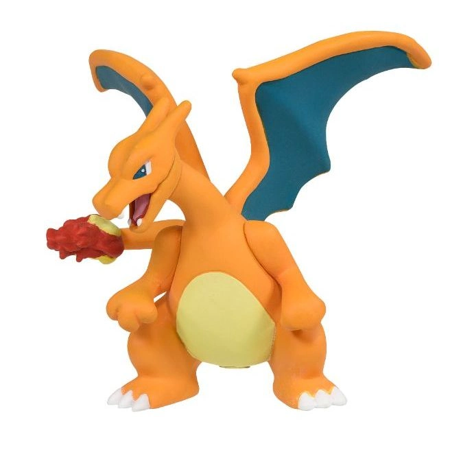  Charizard toy figure with orange body, yellow belly, blue wings, and flame in hand.