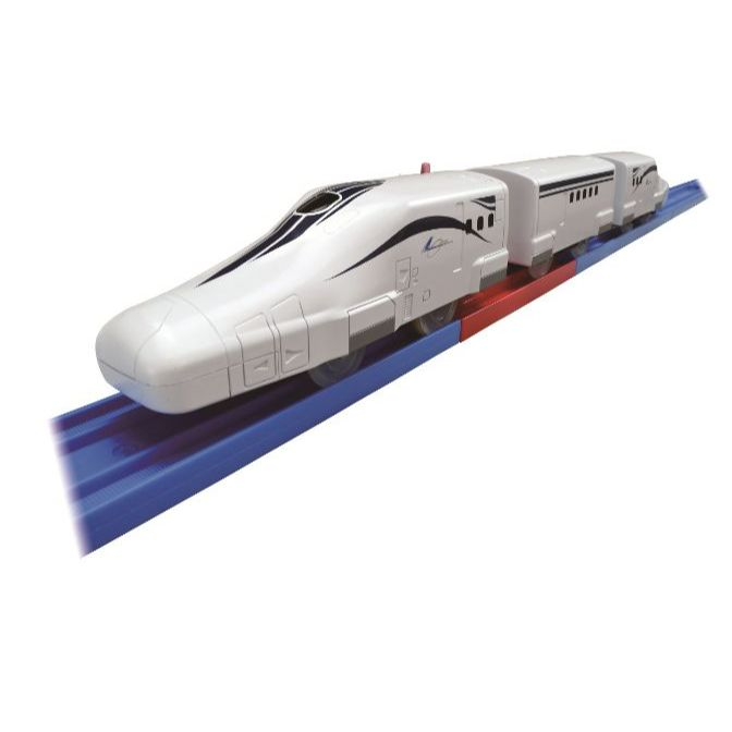 A toy train on a blue and red track.