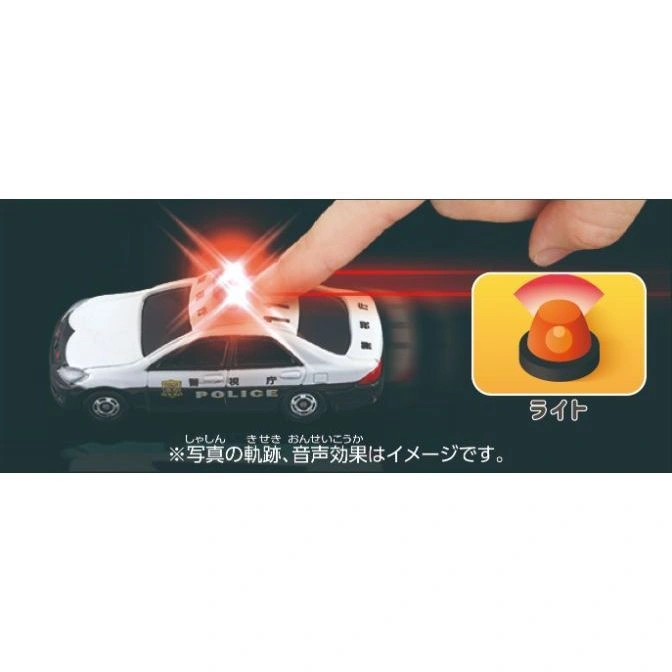  Toy police car with flashing light being activated by a finger, next to a light icon.
