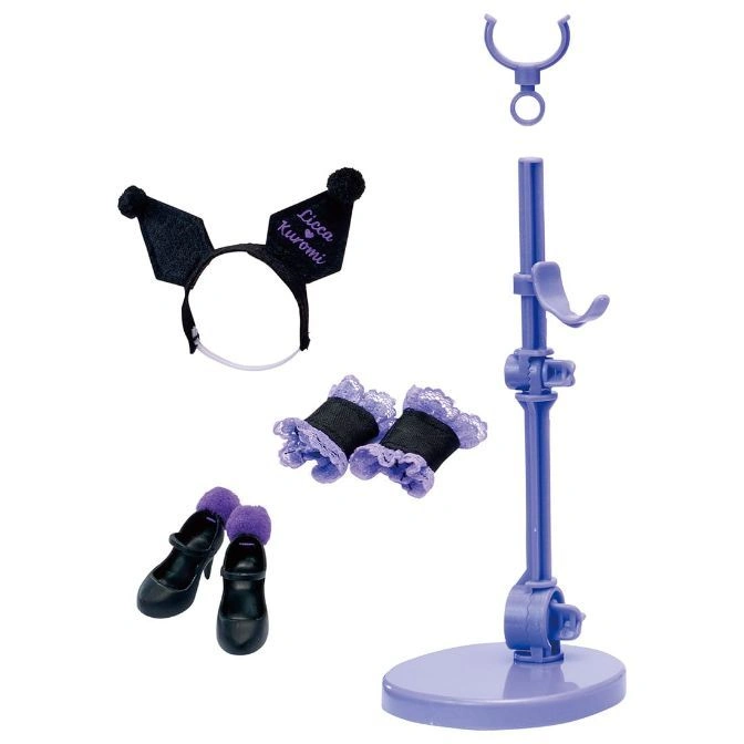  Licca Kuromi doll accessories: headband, cuffs, shoes, and display stand.