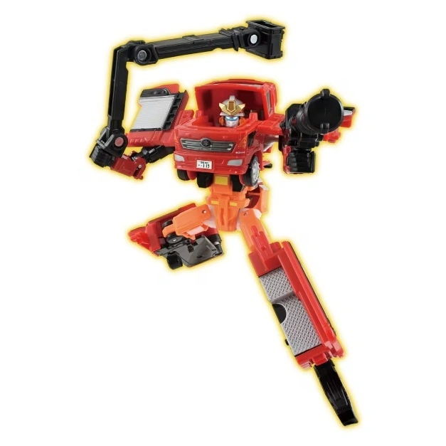  Red fire truck transformer toy robot with crane arm and cannon.