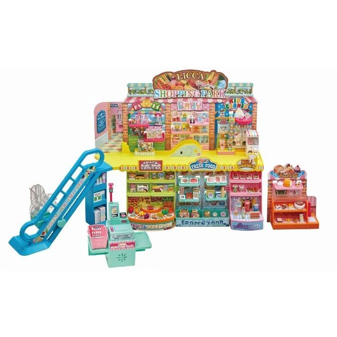  LICCA Shopping Park toy playset with grocery store, bakery, escalator, and checkout counter.