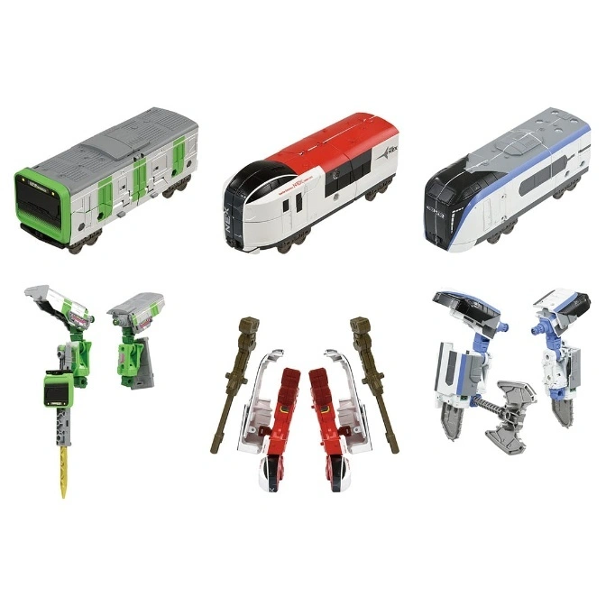  Train toy transformers: green, red, and blue trains with robot parts and weapons.