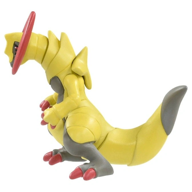  Yellow and grey Haxorus toy figure with a red blade on its head.