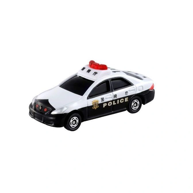 Toy Japanese police car with red light bar, white roof, and black and white body.
