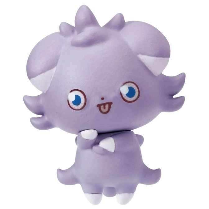 Purple Espurr toy figure with white accents, crossed paws, and tongue sticking out.