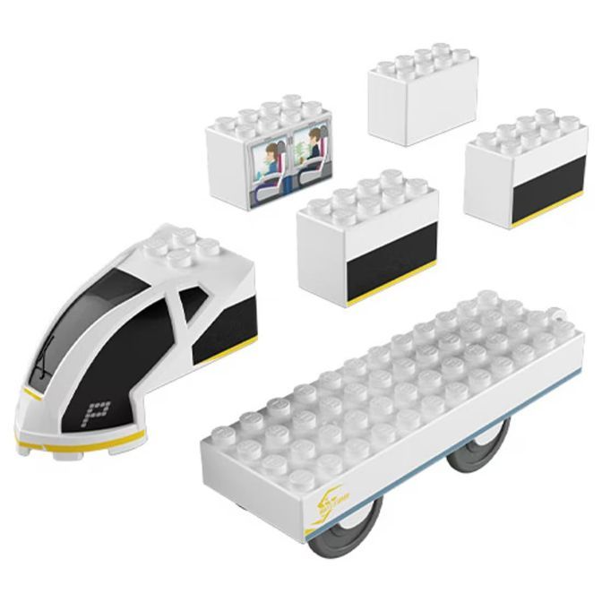  Toy train set with white and black blocks, including a passenger car and engine.