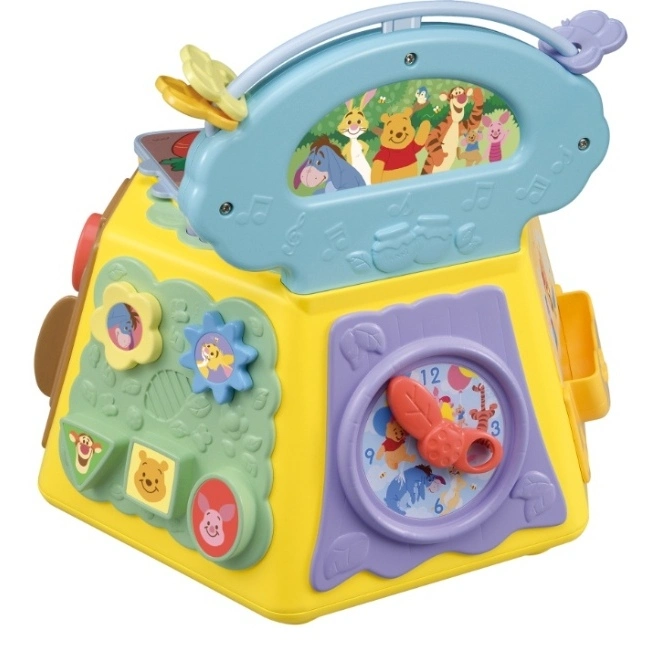  Winnie the Pooh activity cube with gears, clock, and character images.
